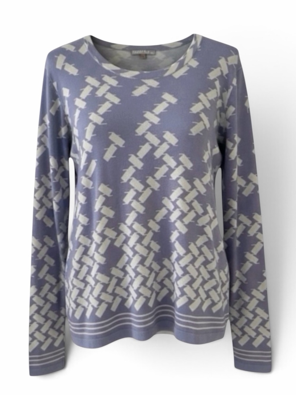 NEW Charlotte Kellogg State Blue & Grey Print Long Sleeve Silk Cashmere Sweater